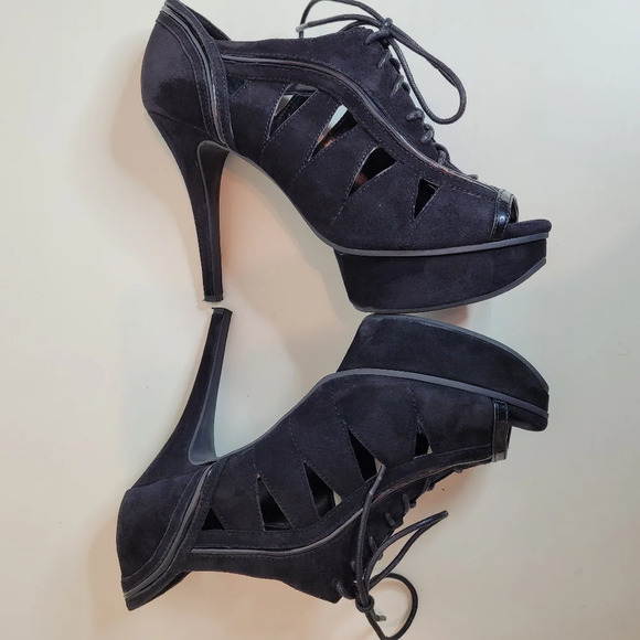 Gianna Bini Aileena Black Platform Peep Toe Bootie Size Women's 7.5 with Box - Picture 8 of 13
